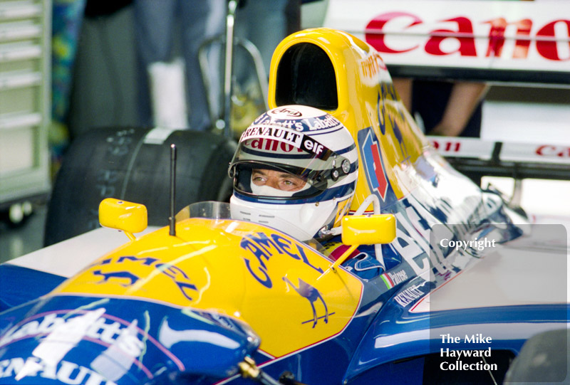 Riccardo Patrese, Williams FW14, in the pits at Silverstone, 1992 British Grand Prix.
