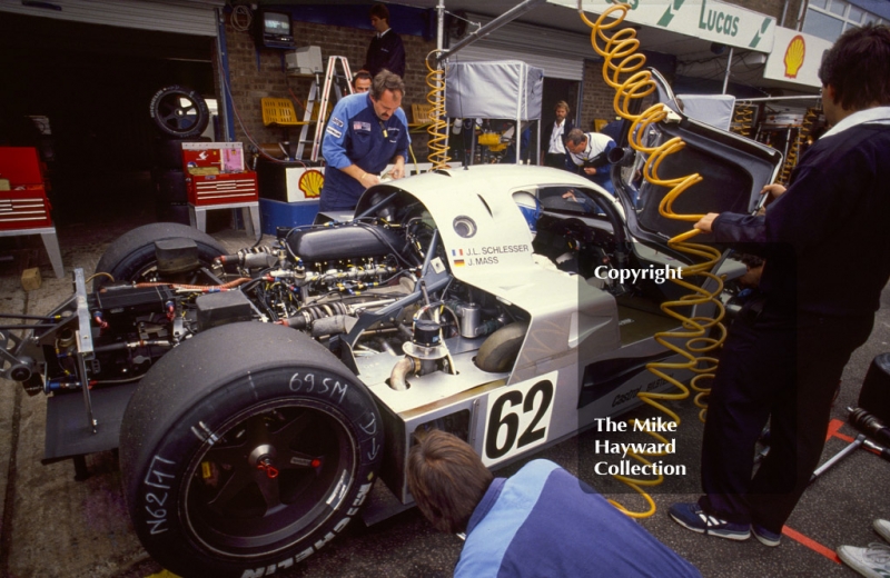 Mechanics work on the Sauber Mercedes C9/88 of Jean-Louis Schlesser and Jochen Mass, Wheatcroft Gold Cup, Donington Park, 1989.
