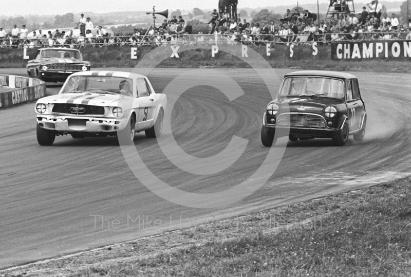 Jack Oliver, D R Racing Ford Mustang, and Barrie Williams, McKechnie Racing Mini Cooper S, Ovaltine Trophy Touring Car Race, Silverstone, British Grand Prix, 1967.
