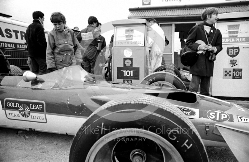 Gold Leaf Team Lotus Ford 49B of Graham Hill filling up at the pumps, Silverstone, International Trophy 1969.
