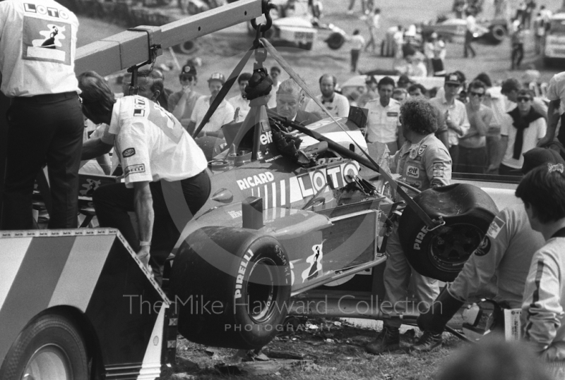 Ligier JS27 of Jacques Laffite after first lap accident, Brands Hatch, British Grand Prix 1986.
