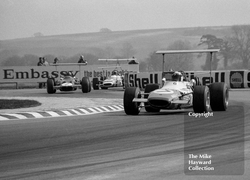 Jackie Stewart, Matra MS7, followed by Graham Hill, Lotus 59B, and Jean-Pierre Beltoise, Matra MS7, Wills Trophy, Thruxton, Easter Monday 1969.
