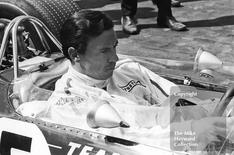 Jim Clark, Lotus 49 R2, on the grid at Silverstone for the 1967 British Grand Prix.
