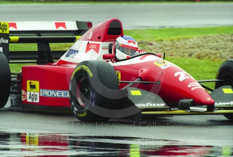 Jean Alesi, Ferrari F93A, seen during wet qualifying at Silverstone for the 1993 British Grand Prix.
