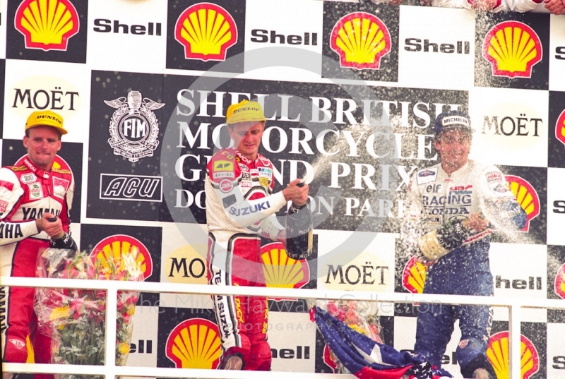 Race winner Kevin Schwantz, runner-up Wayne Rainey and in third place Mick Doohan, Donington Park, British Grand Prix 1991.