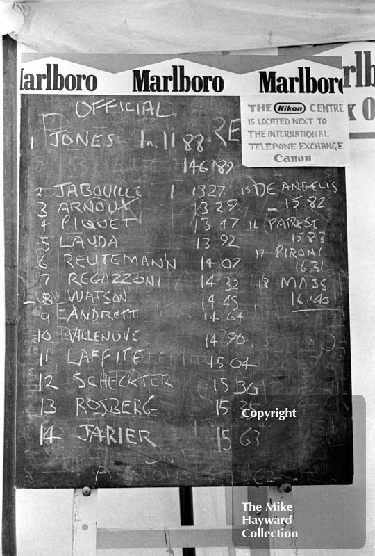 Practice times on a blackboard in the paddock at Silverstone, 1979 British Grand Prix.
