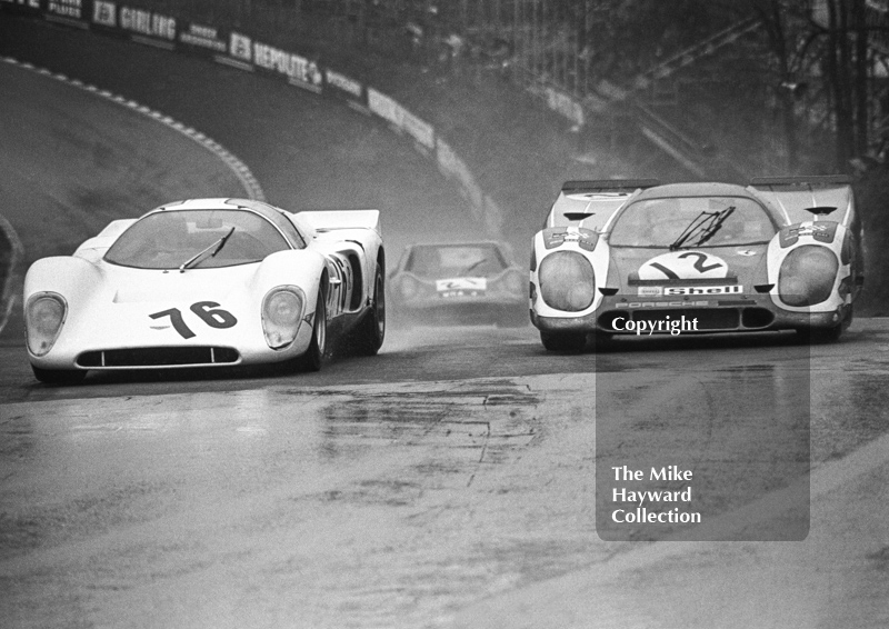 Hans Herrmann/Richard Attwood, Porsche 917, and Digby Martland/Charles Lucas, Chevron B16, followed by John Bamford, Peter Creasey, Chevron, B6, Brands Hatch BOAC 1000k 1970.
