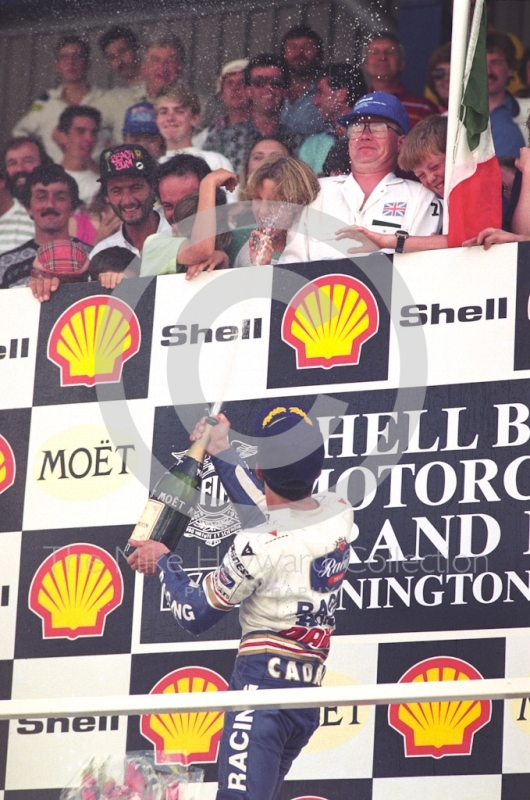 Luca Cadalora celebrates winning the 250cc Grand Prix, Donington Park, British Grand Prix 1991.