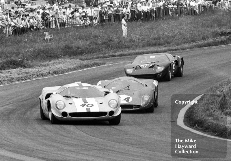 Jo Bonnier, Lola T70; David Piper, Ferrari 412 P; and Eric Liddell, Ford GT40; Oulton Park, Tourist Trophy 1968.
