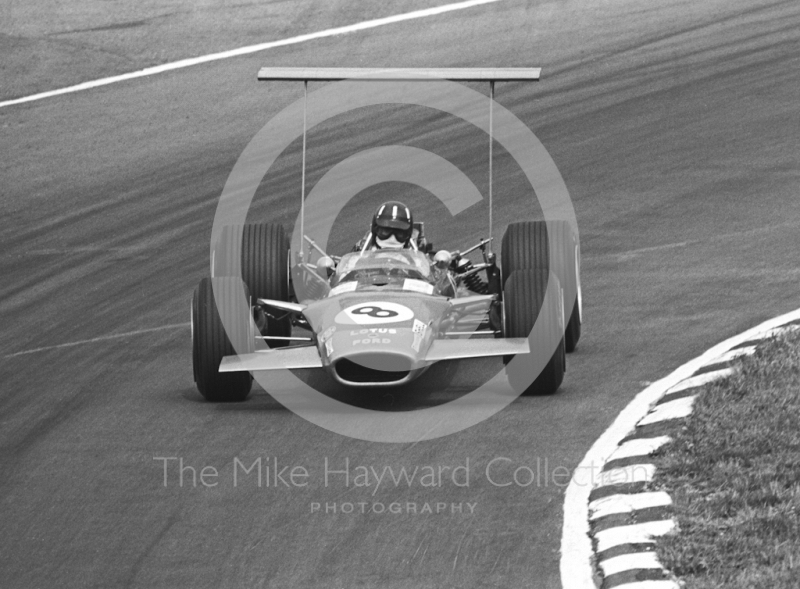 Graham Hill, Lotus Cosworth V8 49B R5, Bottom Bend, British Grand Prix, Brands Hatch, 1968.
