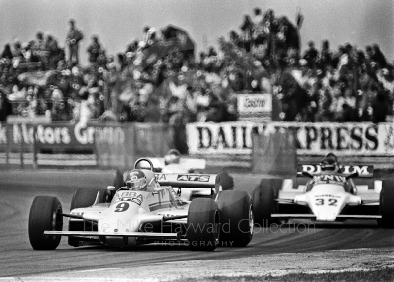 Slim Borgudd, ATS D5, heading for 6th place, leads Jean-Pierre Jarier, Osella FA1B, Silverstone, British Grand Prix 1981.
