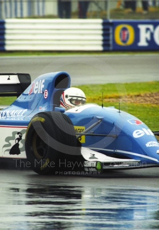 Martin Brundle, Ligier Renault JS39, seen during wet qualifying at Silverstone for the 1993 British Grand Prix.
