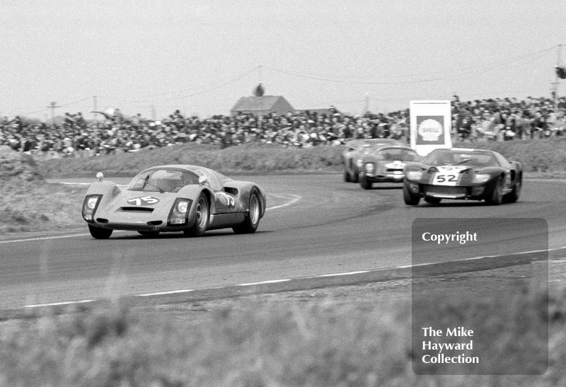 Ben Pon, Porsche 906, leads Paul Hawkins, Ford GT40 and Tony&nbsp;Dean, Porsche 906, at a round of the Autosport Trophy, Snetterton, 24 March 1967.
