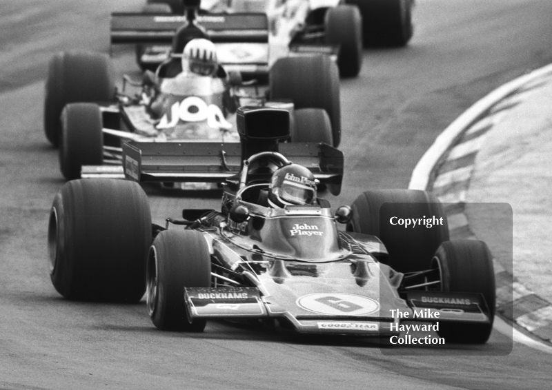 Jacky Ickx, JPS Lotus 72, and Tom Pryce, UOP Shadow DN5, Brands Hatch, Race of Champions 1975.
