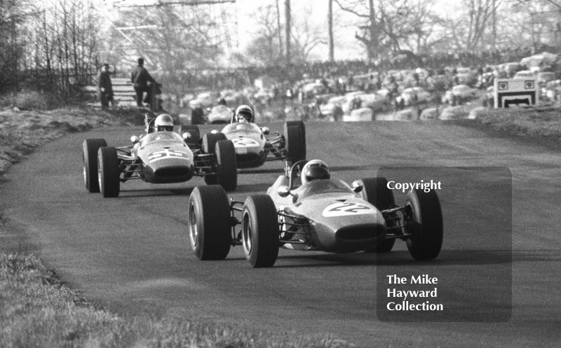 Dave Williamson, P and M Racing Brabham BT21B, leads Egert Haglund, Brabham BT21, and Howden Ganley, Brabham BT21&nbsp;at Island Bend, BRSCC Trophy, Formula 3, Oulton Park, 1968.
