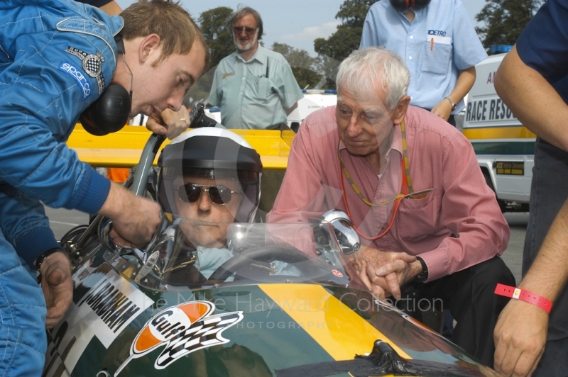 Jack Brabham and Ron Tauranac with a 1969 Brabham BT26, Oulton Park Gold Cup meeting, 2002.