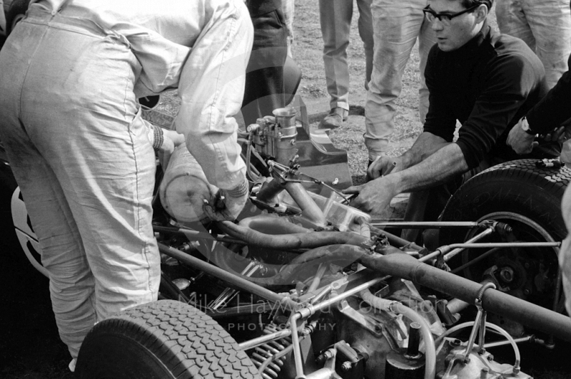 Merlyn Mk 9 of John Fenning gets a top-up in the paddock, Formula 3, Oulton Park Spring Race meeting, 1965.
