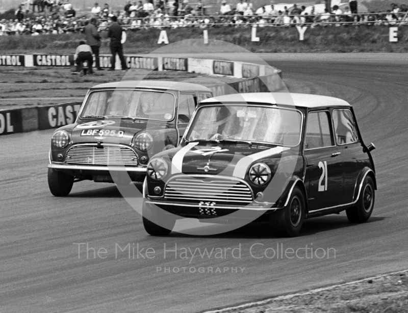 John Rhodes, Cooper Car Company Mini Cooper S, and Steve Neal, Equipe Arden Mini Cooper S (LBF 595 D), Ovaltine Trophy Touring Car Race, Silverstone, British Grand Prix, 1967.
