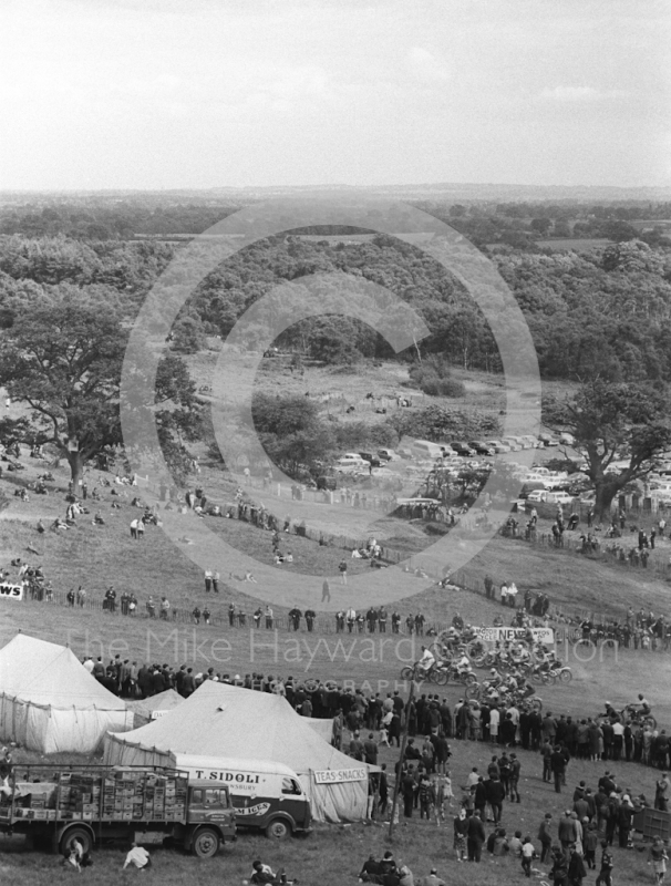 Start of a solo race from the top of the hill, 1966 motocross meeting, Hawkstone.