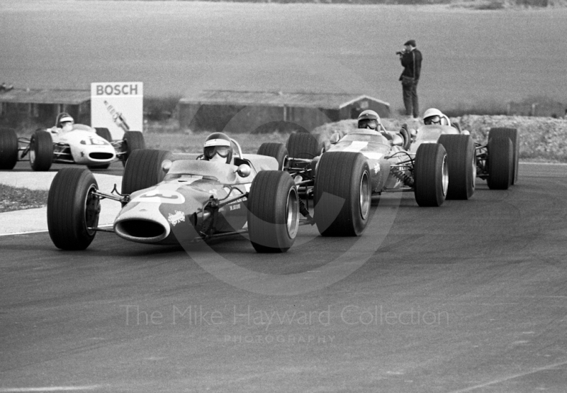 Jack Oliver, Lotus 48, leads Chris Irwin, Lola T100, and Kurt Ahrens, Brabham BT23C, into the chicane, Thruxton, Easter Monday 1968.
