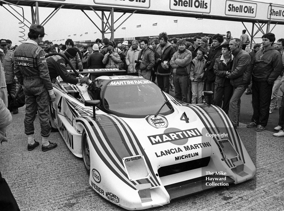 The Lancia LC2 of Riccardo Patrese and Alessandro Nannini gets a fuel fill-up before the start, World Endurance Championship, 1985&nbsp;Grand Prix International 1000km meeting, Silverstone.
