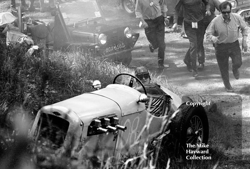 Guy Smith ends up out of his Frazer Nash at the Esses, MAC Shelsley Walsh Hill Climb, June 1968
