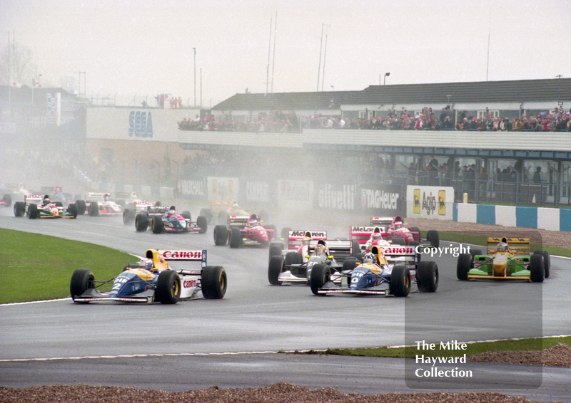 Alain Prost, Williams, FW15C, leads on the first lap at Redgate Corner, Donington Park, European Grand Prix 1993.
