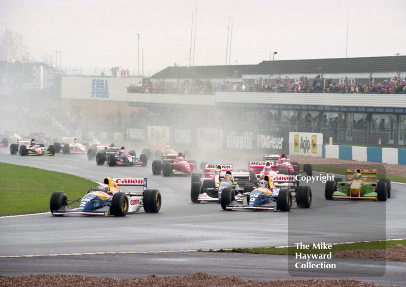 Alain Prost, Williams, FW15C, leads on the first lap at Redgate Corner, Donington Park, European Grand Prix 1993.