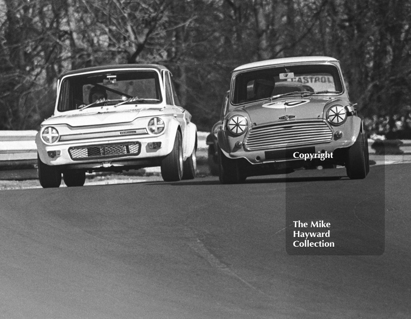 Jeff Ward, Hillman Imp, and Peter Baldwin, Mini, Forward Trust Special Saloon Car Race, Mallory Park, 1972.
