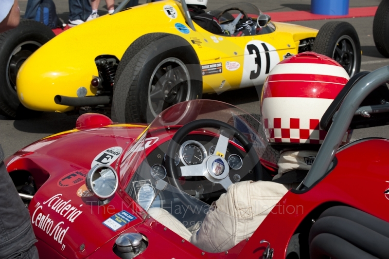 Steve Russell, 1959 Cooper T51 Maserati, behind the 1961 Emeryson of Brian Ashby before the HGPCA pre-66 Grand prix cars event, Silverstone Classic 2010