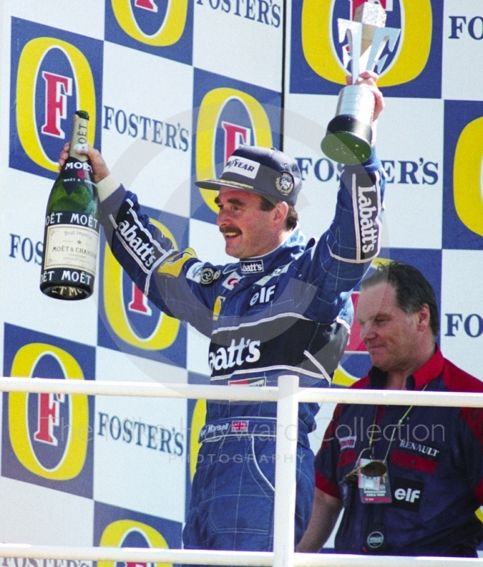 Nigel Mansell celebrates his vistory, Silverstone, British Grand Prix 1991.
