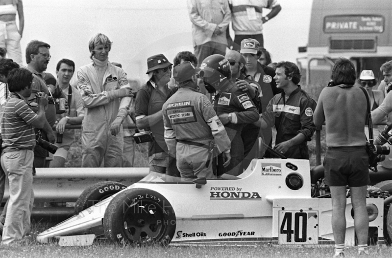 Stefan Johansson retires the Spirit Honda 201 on lap 5 with fuel pump trouble, British Grand Prix, Silverstone, 1983
