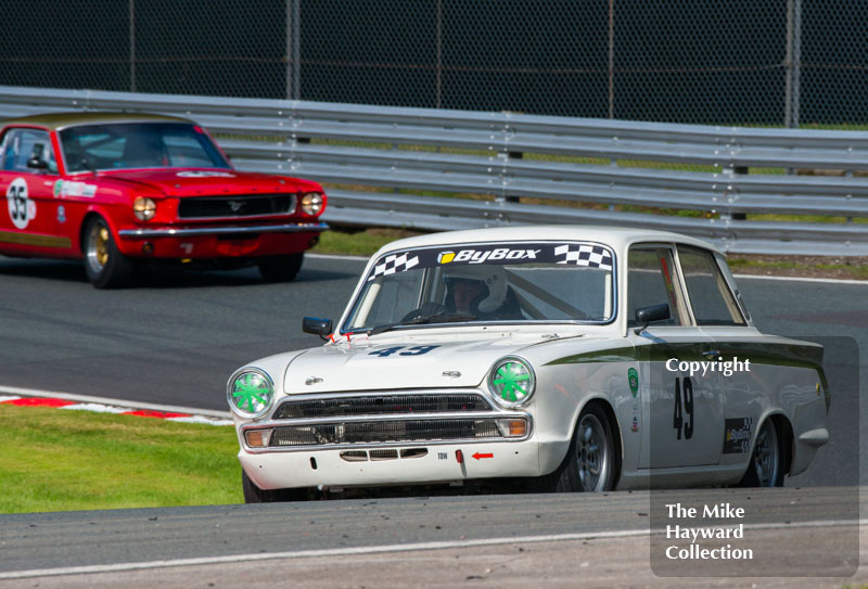 Peter Hore, Lotus Cortina, Mark Burton, Ford Mustang, HSCC Historic Touring Cars Race, 2016 Gold Cup, Oulton Park.
