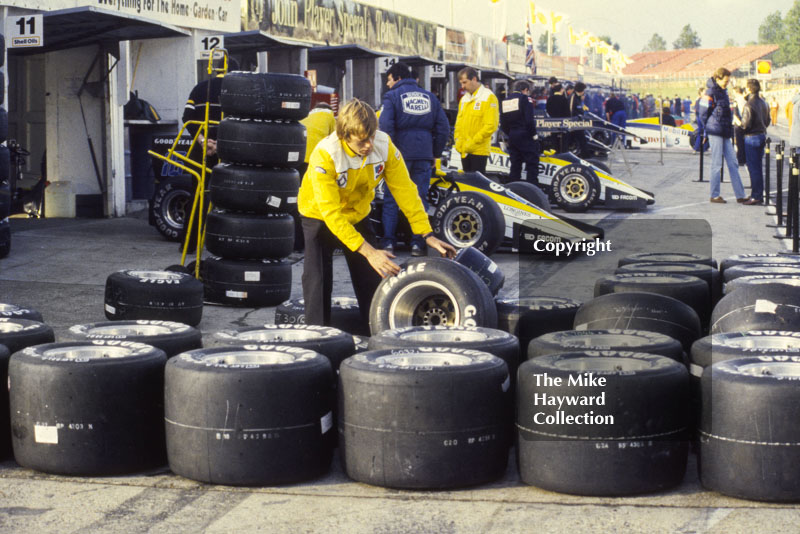 Goodyear tyres in the Renault pit, Brands Hatch, 1985 European Grand Prix.
