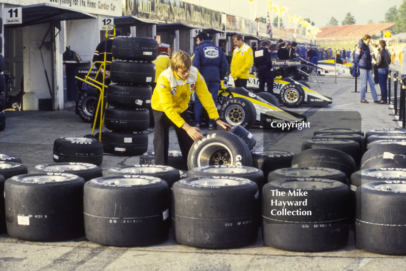 Goodyear tyres in the Renault pit, Brands Hatch, 1985 European Grand Prix.
