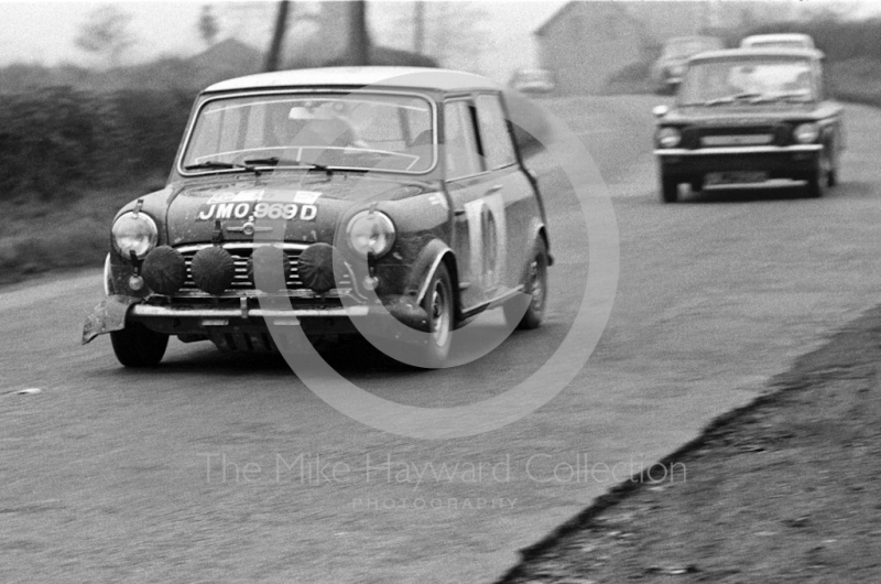 Paddy Hopkirk/Ron Crellin, works Mini Cooper S, JMO 969D, between stages in Shropshire, before retiring with broken transmission, RAC Rally, 1966
