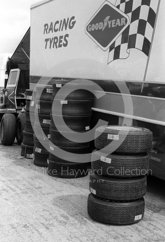 Goodyear Racing tyres in the paddock, Silverstone International Trophy meeting, 1966.
