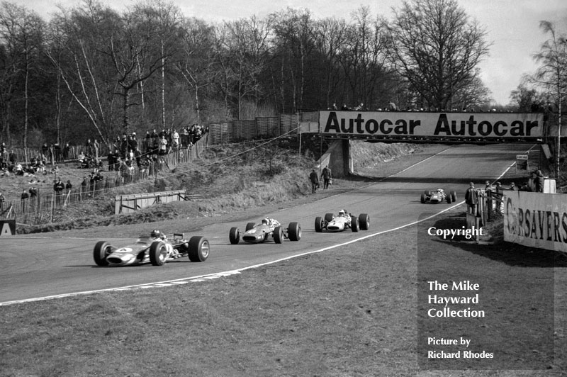 Graham Hill, Lotus 49, Chris Amon, Ferrari 312, Denny Hulme, McLaren, M7A, and Jacky Ickx, Ferrari 312, 1968 Race of Champions, Brands Hatch.<br />
<br />
<em>Picture by Richard Rhodes</em>
