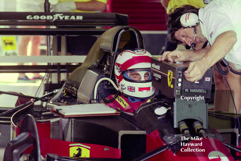 Nigel Mansell, Ferrari 641, in the pits at Silverstone, 1990 British Grand Prix.
