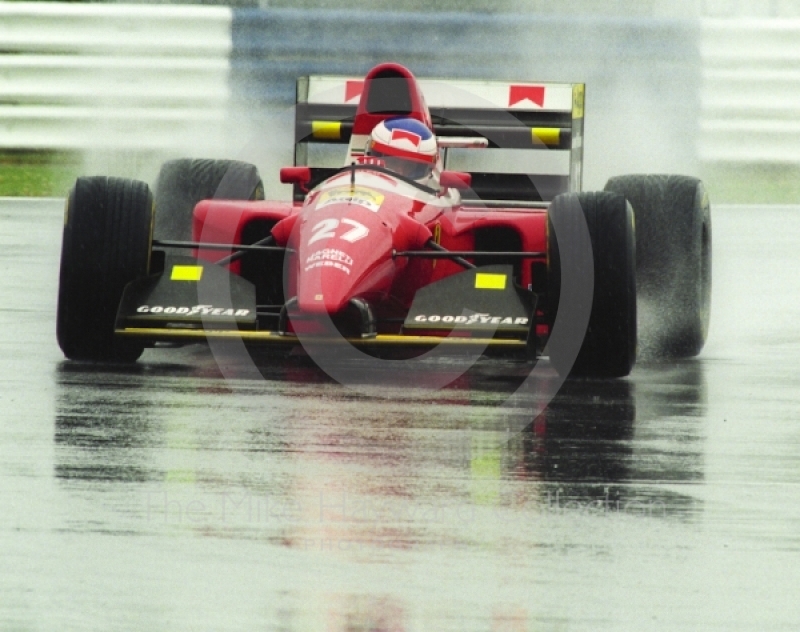 Jean Alesi, Ferrari F93A, seen during wet qualifying at Silverstone for the 1993 British Grand Prix.
