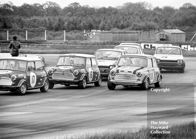 John Rhodes, British Leyland Mini Cooper S; John Handley, British Leyland Cooper S; Steve Neal, Britax Cooper Downton; Rod Mansfield, Team Diamond Ford Escort; and Tom Belso, Team Broadspeed Ford Escort; Silverstone Martini International Trophy meeting 1969
