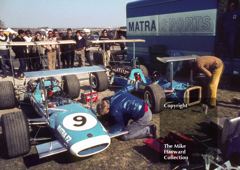 Matra MS7s of Jean-Pierre Beltoise and Henri Pescarolo in the paddock, Thruxton, Easter Monday 1969.
