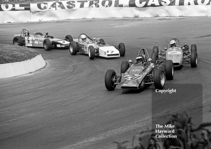 Jeremy Gambs, Lotus 61M, Mark Litchfield, Crossle 20F, Paul Ellis, U2 Mk9 and Stephen Russell, Mallock U2 Mk 9B, Formula Ford, Mallory Park, May, 1971
