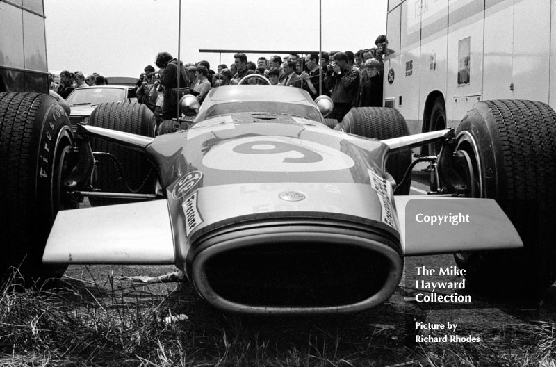 Jackie Oliver's Lotus 49B in the paddock at the 1968 British Grand Prix, Brands Hatch.<br />
<br />
<em>Picture by Richard Rhodes</em>
