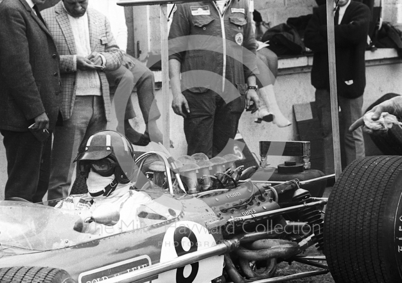 Graham Hill, Lotus Cosworth V8 49B R5, in the pits, British Grand Prix, Brands Hatch, 1968.
