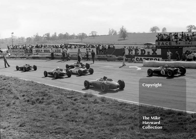 Cars line up on the grid, Mallory Park, March 1964.

&nbsp;

9 &nbsp; - Alan Rees, Roy Winkelmann Racing Brabham BT10<br />
6 &nbsp; - Brian Hart, Cosworth Engineering Ltd Lotus 22<br />
10 - Jochen Rindt, Ford Motor Co Brabahm BT10<br />
8 &nbsp; - Frank Gardner, John Willment Automobiles, Brabahm BT10<br />
19 - David Hobbs, Merlyn Racing Mk 7
