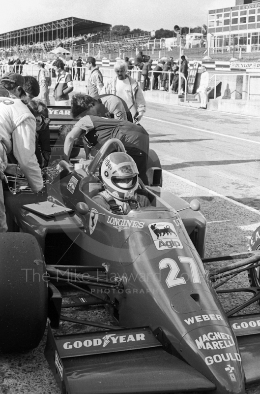 Michele Alboreto, Ferrari 156, in the pits at Brands Hatch, 1985 European Grand Prix.
