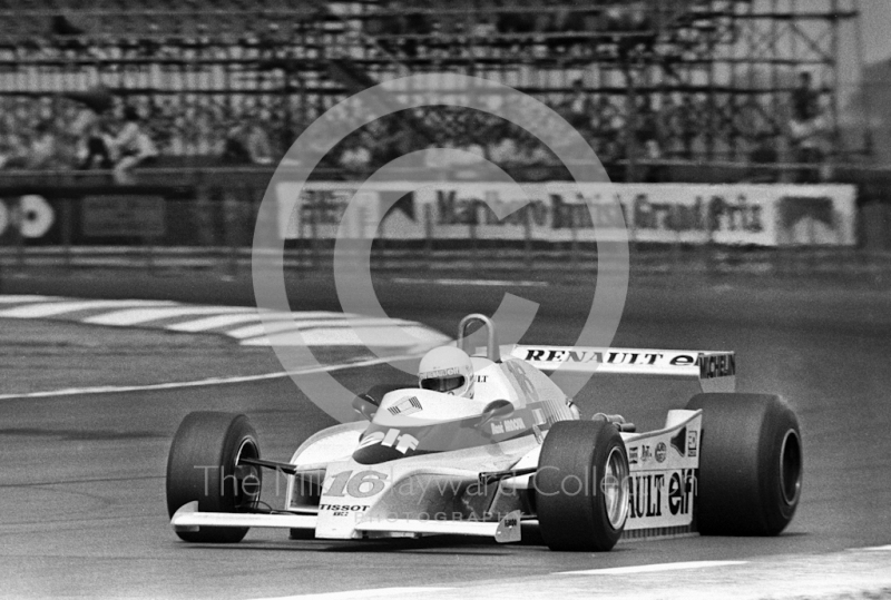 Rene Arnoux heading for second place in the Renault RS10, Silverstone, British Grand Prix 1979.
