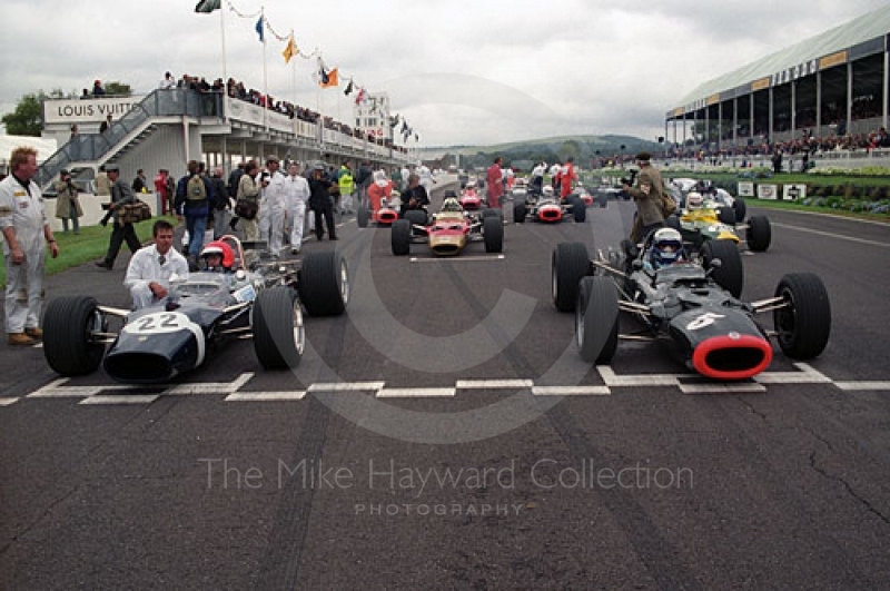 Geoff Farmer, Rob Walker Lotus 49B, and Paul Ingram, BRM P126, line up for the Glover Trophy, Goodwood Revival, 1999