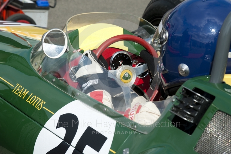 Andy Middlehurst, Lotus 25, in the paddock before the HGPCA pre-66 Grand Prix cars event at Silverstone Classic 2010